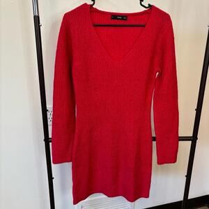 Mango Red V-Neck Sweater Classic Knit